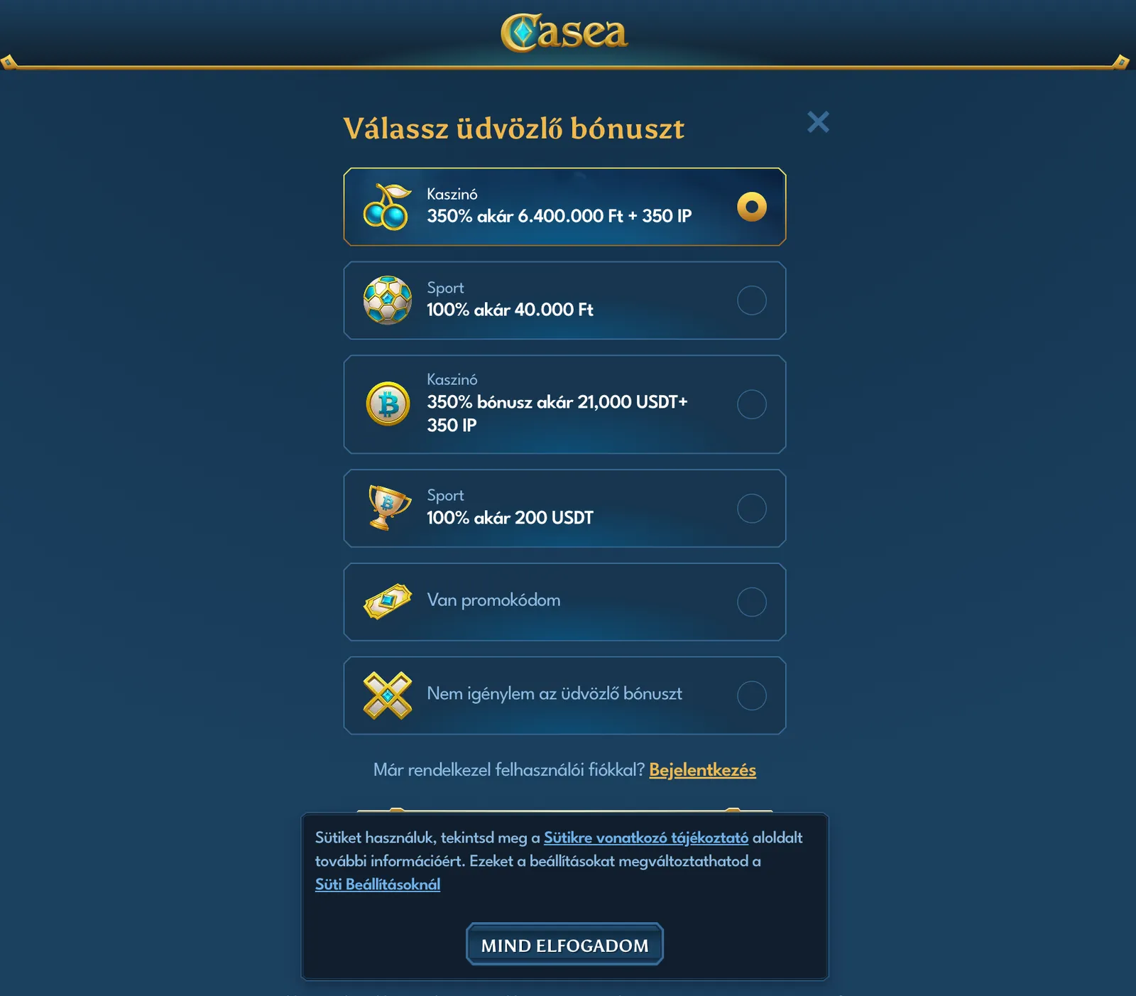 Registrační okno Casea Casina s výběrem uvítacího bonusu pro nový herní účet