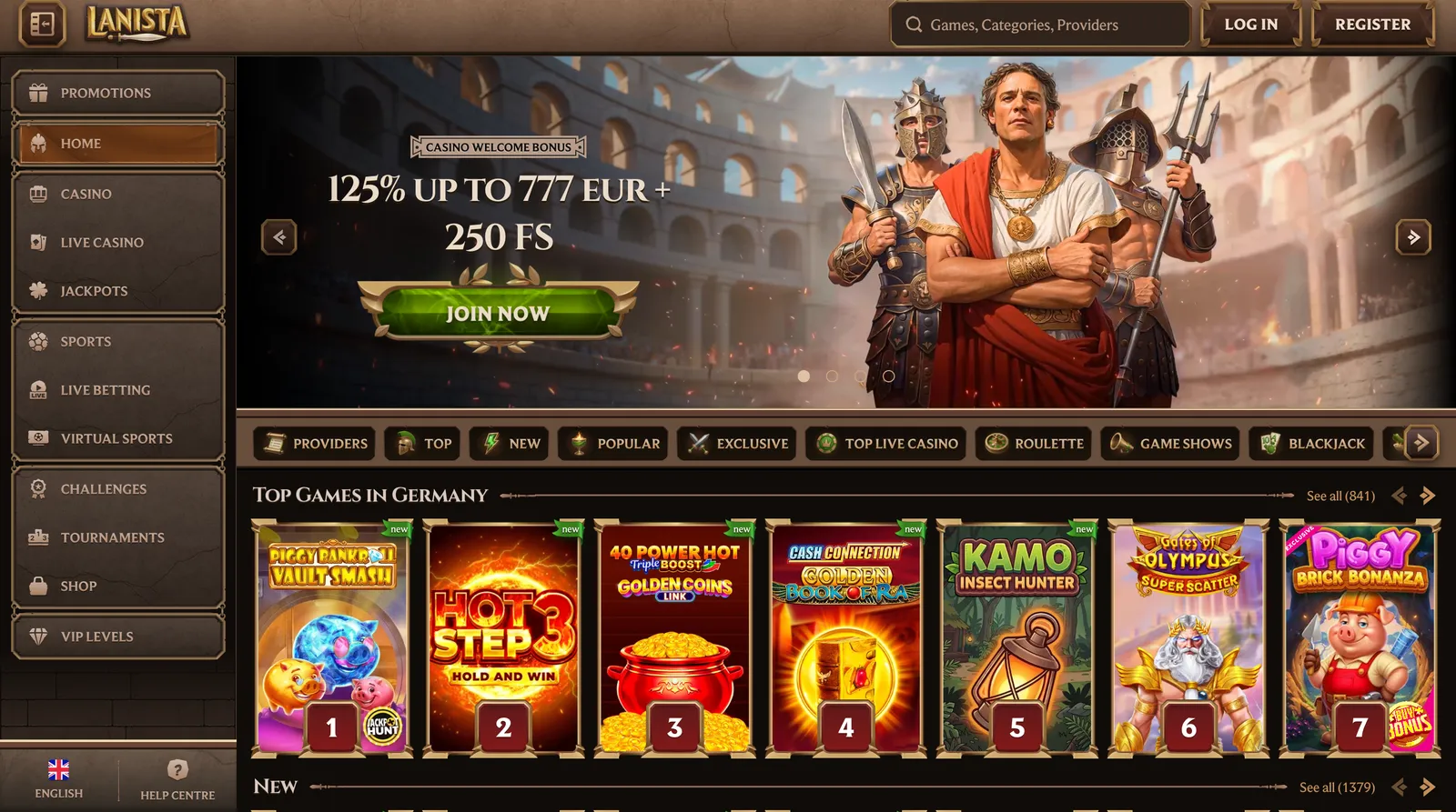 Úvodní stránka casina Lanista s gladiátorským motivem a nabídkou her v lobby