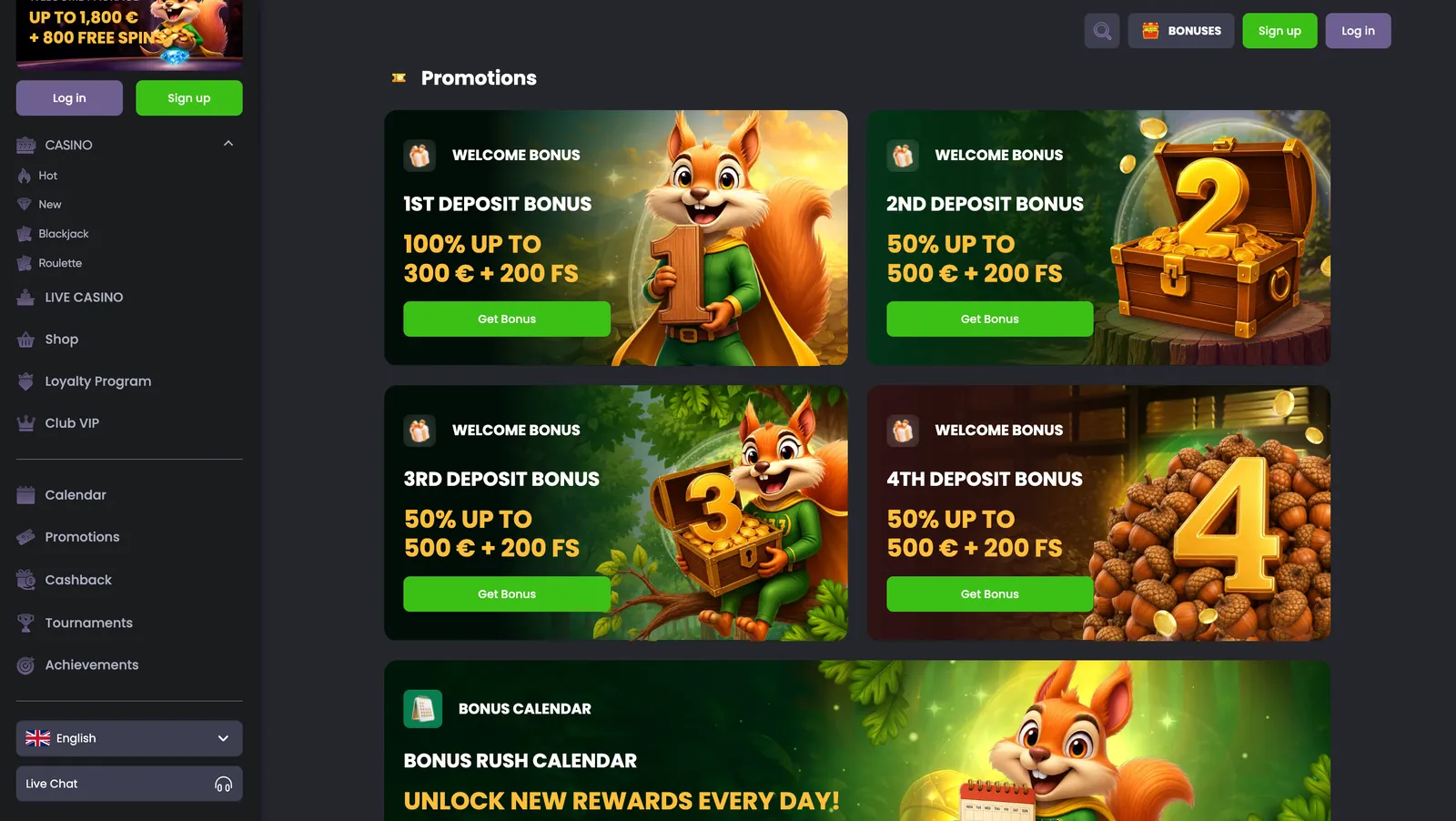 Stránka promo akcí kasina Spinline s uvítacím balíčkem a kalendářem Bonus Rush