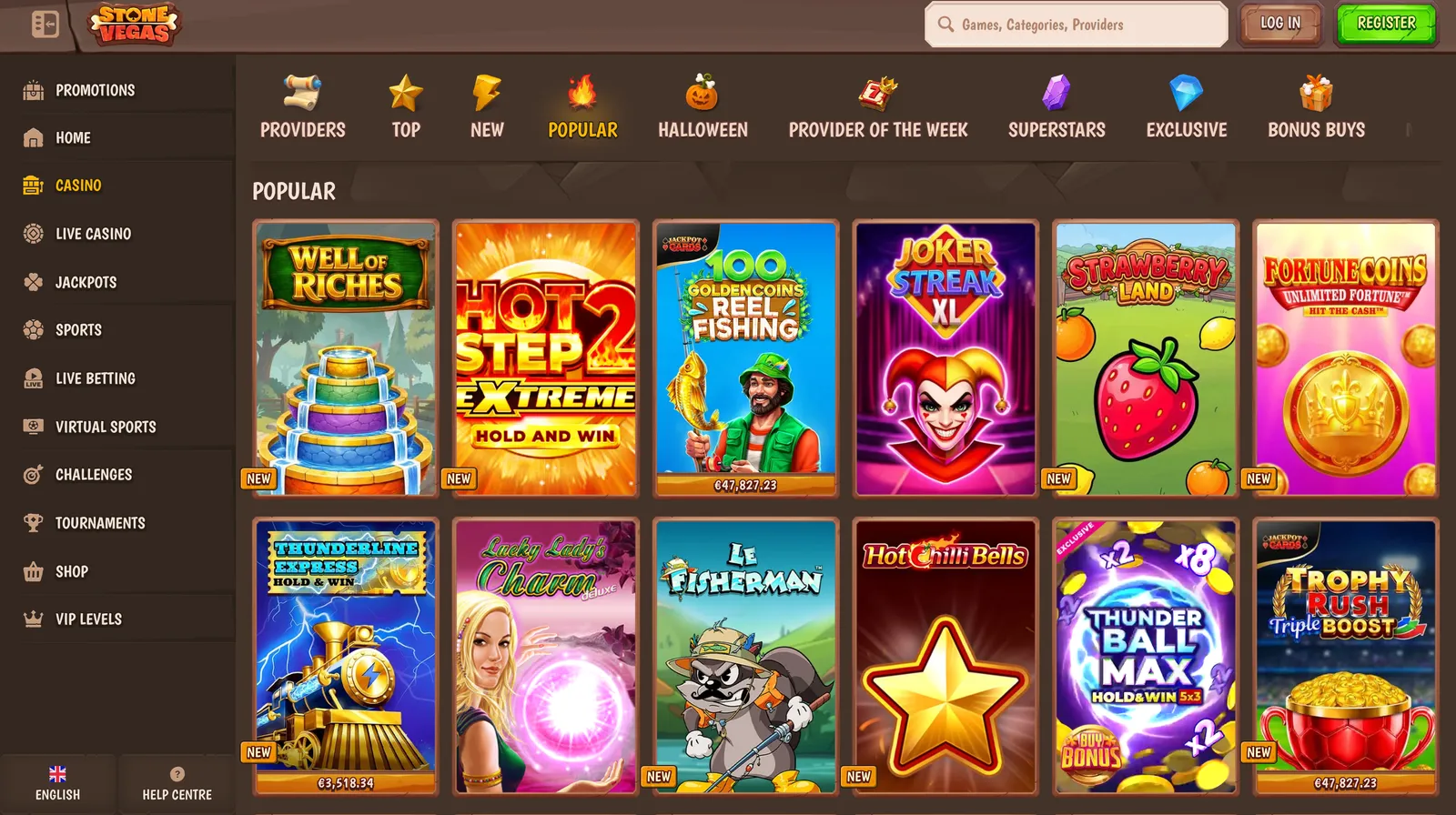 Výběr populárních online výherních automatů v herním lobby kasina Stonevegas