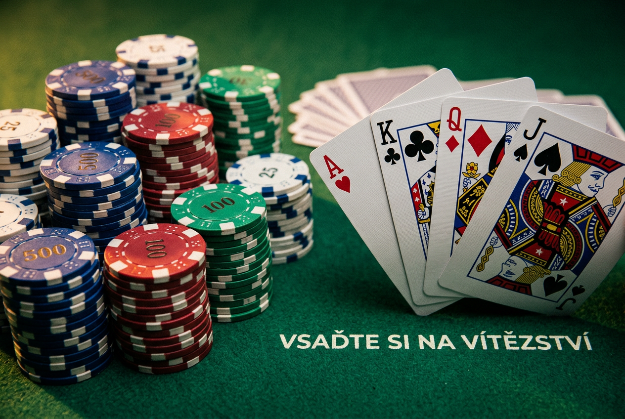 Detailní záběr na pokerové žetony a karty na zeleném plátně